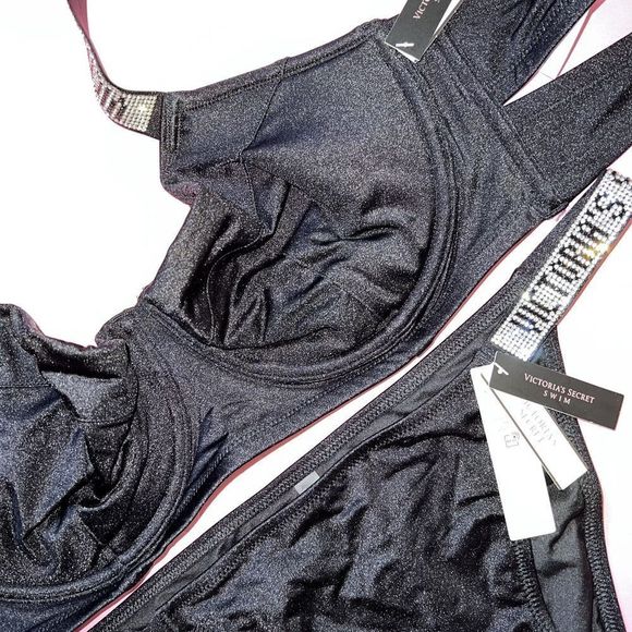 Victoria's Secret UNLINED 36C/36B BIKINI L BOTTOM shine strap BLACK SILVER - Picture 4 of 5